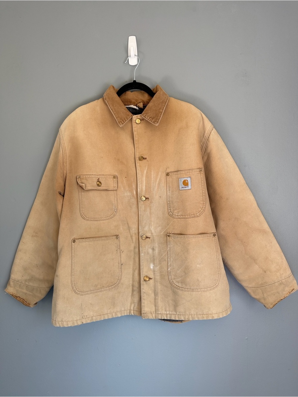 VTG Carhartt Blanket Lined Thrashed Chore Workwear Coat Jacket Tan Duck Canvas